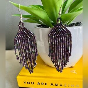 Purple Metallic Beaded Drop Earrings